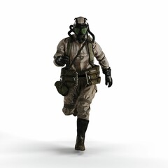 A 3d rendering of a person wearing a gas suit walking on a white background