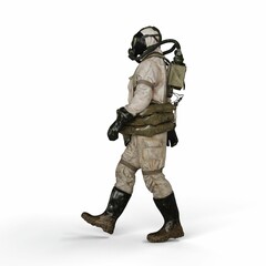 A 3d rendering of a person wearing a gas suit walking on a white background