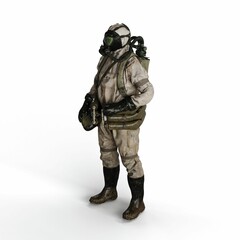 A 3d rendering of a person wearing a gas suit walking on a white background