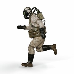 A 3d rendering of a person wearing a gas suit walking on a white background