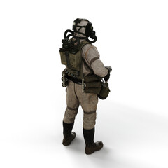 3d rendering of a person wearing a gas mask suit on a white background