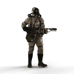 a 3d man with a weapon and gas mask standing against a white background
