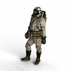 3d rendering of a person wearing a gas mask suit on a white background