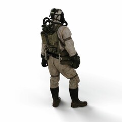 3d rendering of a person wearing a gas mask suit on a white background