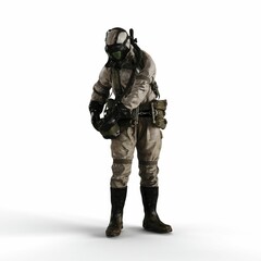 A 3d rendering of a person wearing a gas suit on a white background