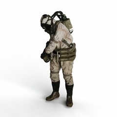 A 3d rendering of a person wearing a gas mask suit