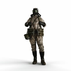 3d rendering of a person wearing a gas mask suit on a white background