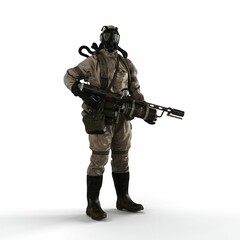 a 3d man with a weapon and gas mask standing against a white background