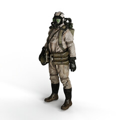 3d rendering of a person wearing a gas mask suit on a white background