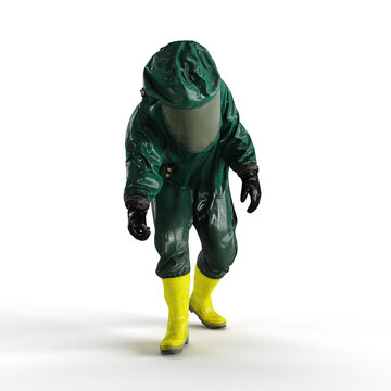 a 3d rendering of a person wearing green hazard suit with yellow boots