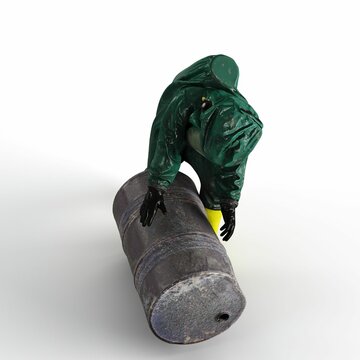 a 3d rendering of a man in an green gas mask and radiation suit holding on a large barrel