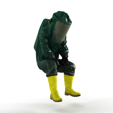 3D rendered male figure in a green hazardous materials suit, seated in a relaxed position