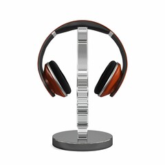 3D rendering of a metal stand supporting a pair of headphones on a white background.