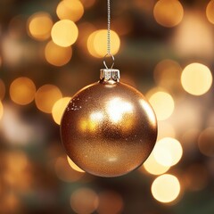 Golden Christmas ball on tree branch close up. Christmas light bokeh. Soft focus.