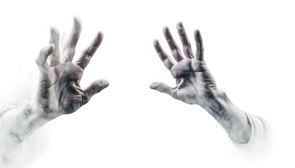 Ghostly hands reaching out from the ground, trying to escape the spirit world, Halloween ghost hands, spectral touch, haunted hands, ethereal fingers, Halloween concept - obrazy, fototapety, plakaty