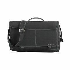 3D rendering of a modern black laptop bag against a white background.