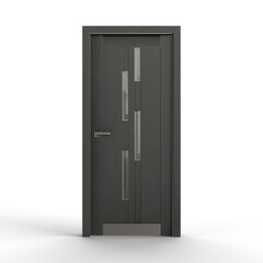 Black door with metal handle and hinges on a white background - 3D render