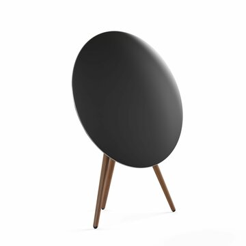 3D rendering of a modern speaker, resting atop a tripod against a white background.