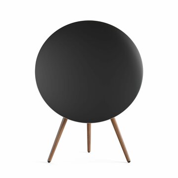 3D rendering of a modern speaker, resting atop a tripod against a white background.