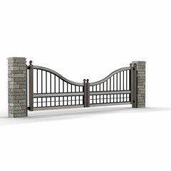 Ornate metal gate stands between two brick pillars - 3D rendering illustration