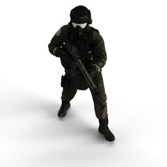 Man wearing a camouflage outfit and a gas mask, holding a rifle in his hand - 3D render