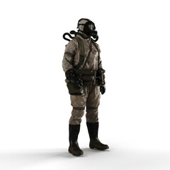 Man wearing a protective chemical suit against a white background - 3D render illustration