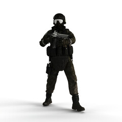 Man wearing a camouflage outfit and a gas mask, holding a rifle in his hand - 3D render
