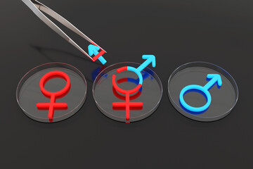 LGBTQ gender signs on petri dishes with a tweezers holding a genetic engineered parts. Illustration of the concept of genetic engineering, LGBT and transgender people - obrazy, fototapety, plakaty