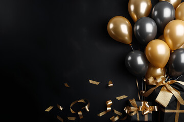 Gold balloons and luxury gifts bunch on a black wall background generative AI