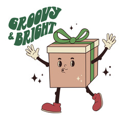 Groovy and bright. Walking mascot funky gift box with hands and legs with wish message. Christmas retro vector illustration 
