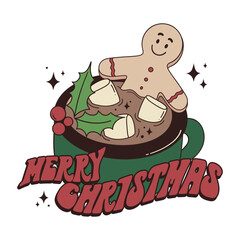 A gingerbread man takes a cocoa bath with marshmallows in a large Christmas cup decorated holly berries. Comic vector retro illustration, Christmas card with hand drawn lettering