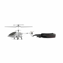 Miniature helicopter and a pair of video glasses on a white background - 3D render illustration