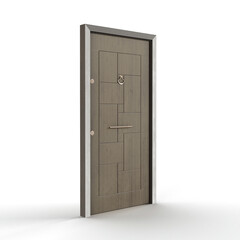 Wooden door with a silver handle - 3D render illustration