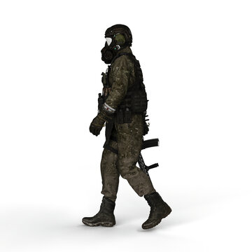Man wearing a camouflage outfit and a gas mask, holding a rifle in his hand - 3D render