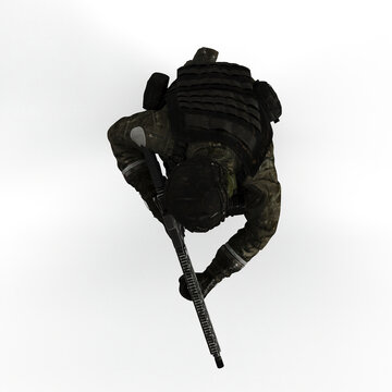 Man wearing a camouflage outfit and a gas mask, holding a rifle in his hand - 3D render