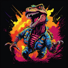 A retro-inspired shirt design showcasing a neon dinosaur in a dynamic pose, with a vibrant color palette inspired by retro cartoons