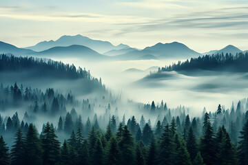 Naklejka na ściany i meble Forests and mountains with clouds and mist in the early morning. AI technology generated image