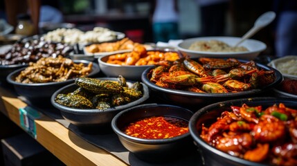Obraz premium Photo of a table with a variety of delicious food bowls created with Generative AI technology