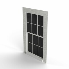 Side view of a 3D rendered white wall featuring a large black window