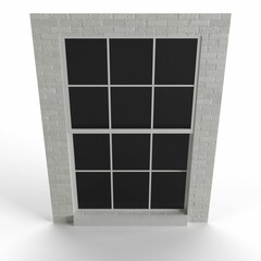 3D rendered white wall featuring a large black window