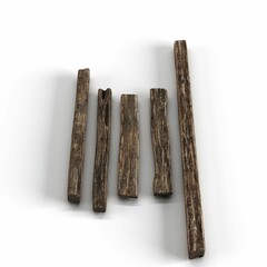 High-angle shot of a 3D render of dark wooden pieces in different sizes