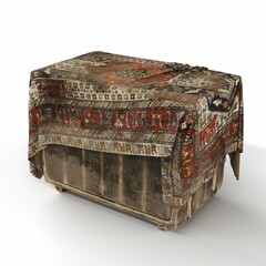 3D rendered wooden storage box with a traditional carpet on top