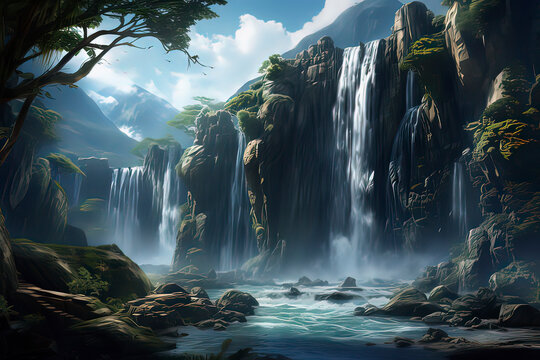 Shanshui Waterfall. AI technology generated image