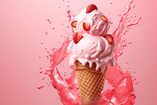 Delicious Strawberry ice cream. AI technology generated image