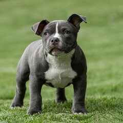 Closeup shot of a cute American Bully puppy on a grassy field