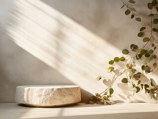 podium pedestal for display product natural white stone with leaf and shadow and beige wall