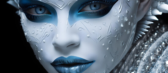 model girl with blue azure white black carnival artistic paint lips and eyes skin detailed makeup