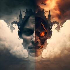 Man vs. evil. A man with two faces between a dark world and a world of fire and clouds