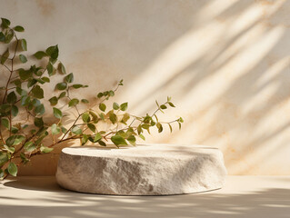podium pedestal for display product natural white stone with leaf and shadow and beige wall