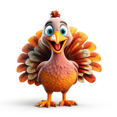 turkey 3d cartoon character on white - obrazy, fototapety, plakaty